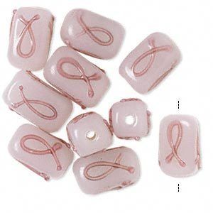 Lot of 10 Pink Ribbon Awareness Rectangle Glass Beads  