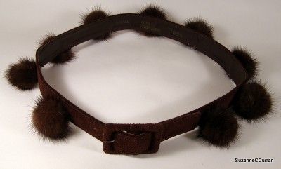 Vintage FENDI Brown Leather & Mink Belt 25   27  
