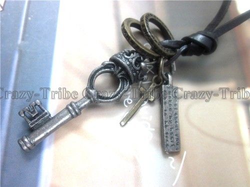 mens Unisex choker Crown Key pendant Genuine leather necklace 