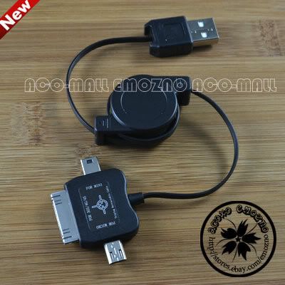 New Black Retractable Micro + Mini B 5 Pin+ iPod iPhone USB Data Cable 
