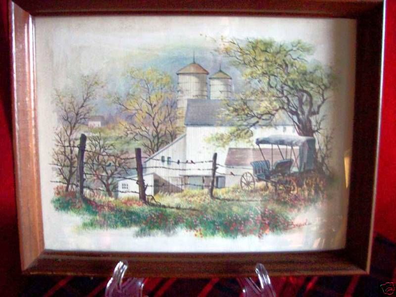 Vintage Farm Scene Old Canvas Top Buggy signed Brad  