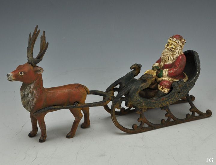 Antique Cast Iron Santa Clause & Reindeer Toy c. 1880 1925  